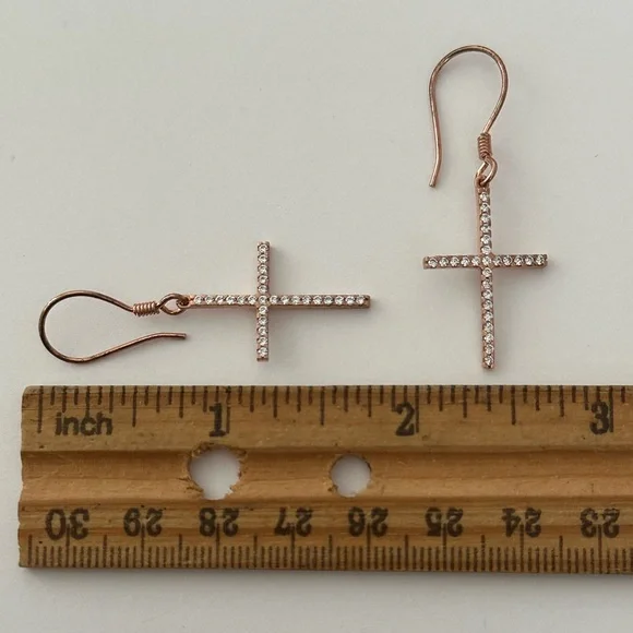 925 Silver cross earrings cz stones halo french wire 14k rose gold plated - Picture 2 of 2